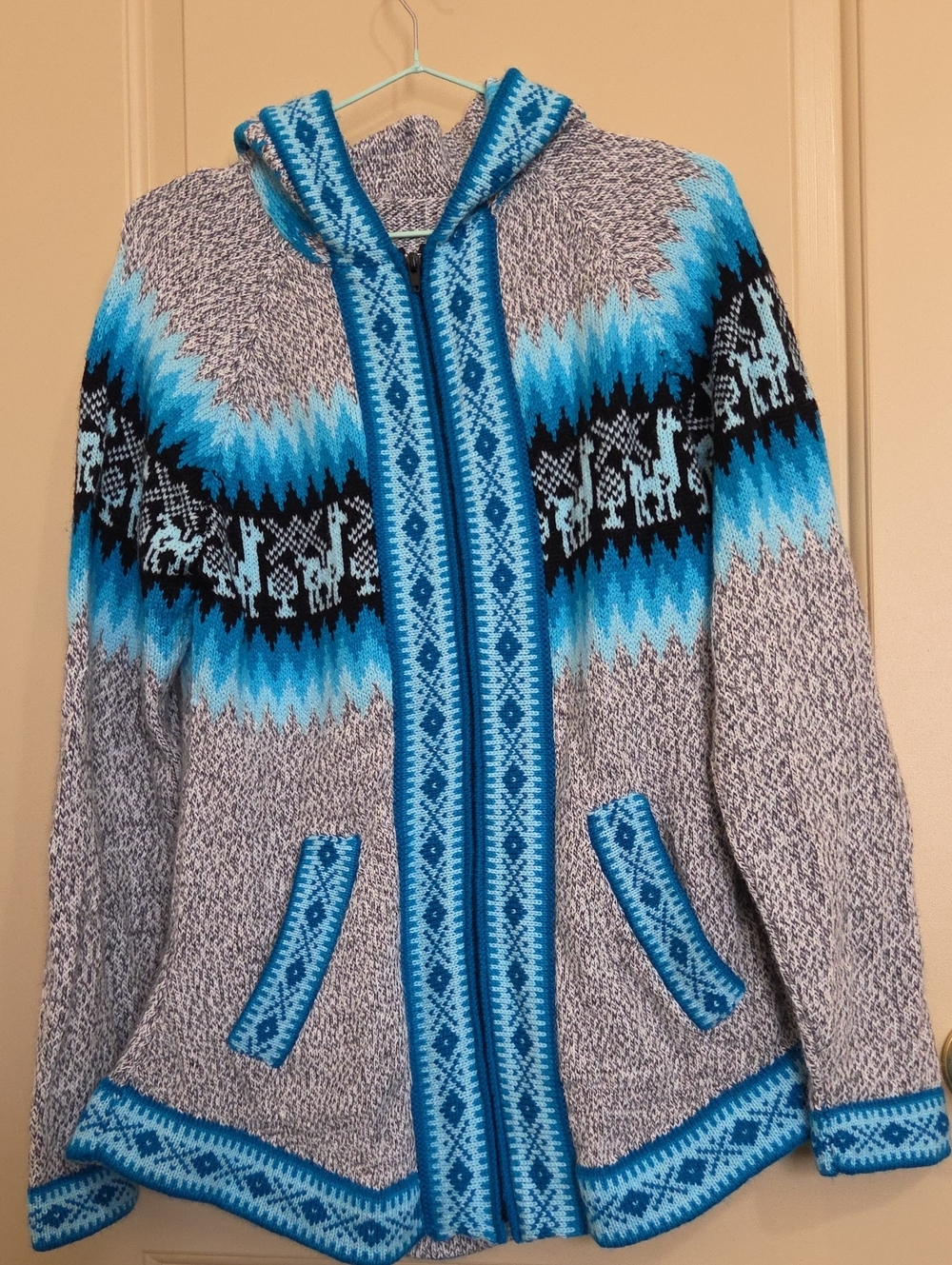 Alpaca Wool Blue Patterned Hooded Women’s Sweater Jacket